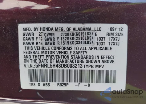 2013 Honda Odyssey Ex from USA, damaged, VIN 5FNRL5H48DB008213